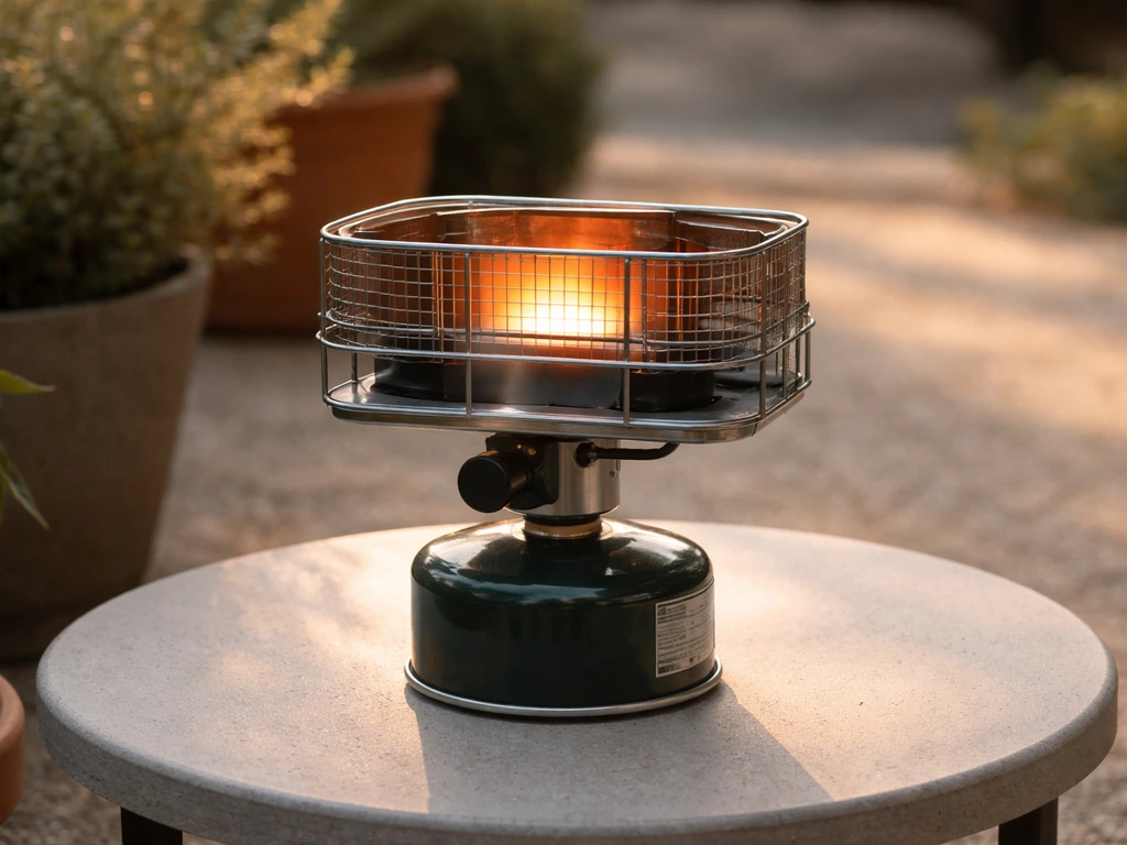 Compact tabletop propane heater on a small patio side table with soft sunlight and blurred background plants