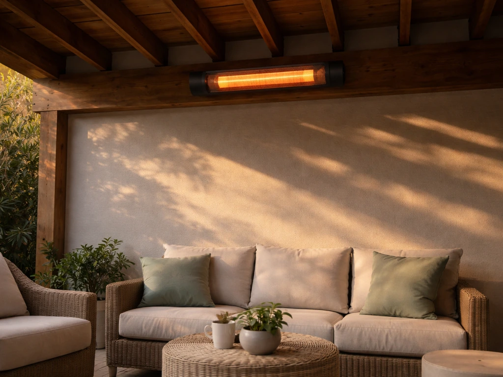 Electric infrared heater mounted under a covered patio beam above a sheltered outdoor seating area.