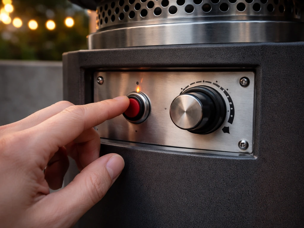 Person’s hand pressing an outdoor patio heater’s ignition button with a visible control dial in the background.