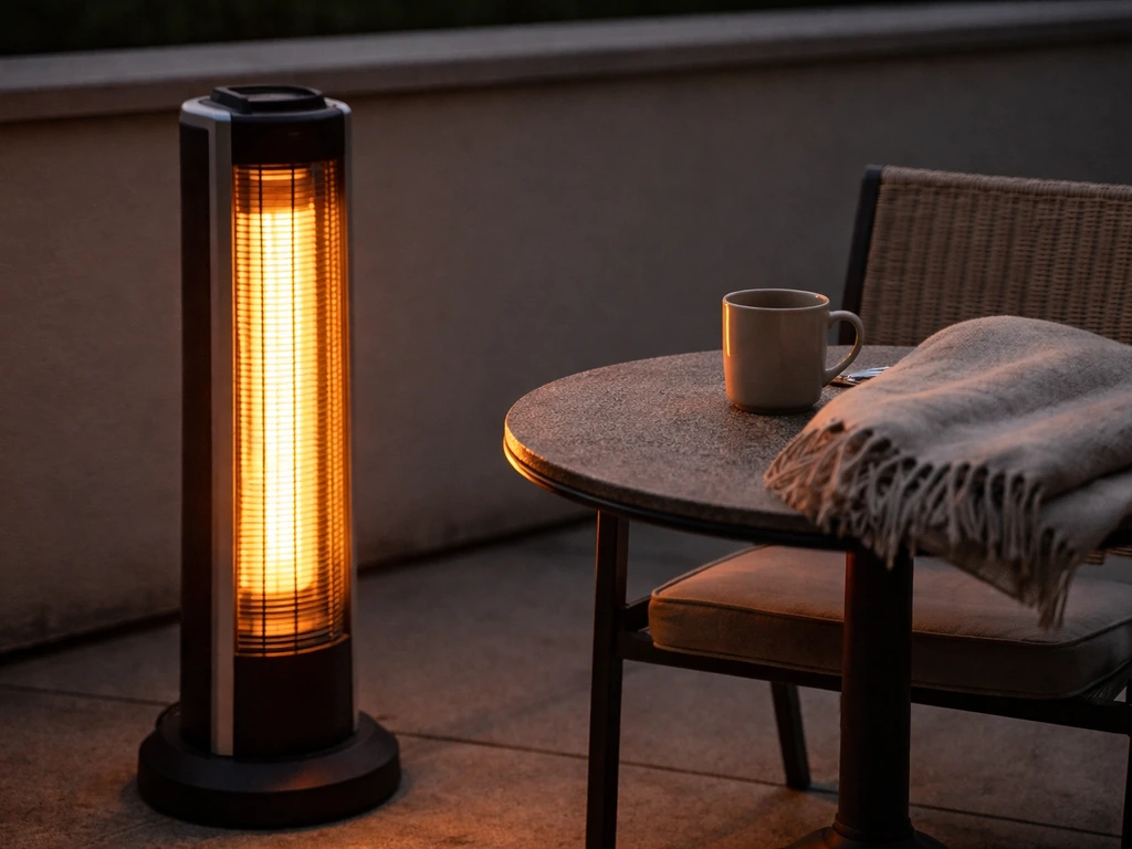 Compact portable infrared tower heater warming a small patio table with visible warm glow on nearby chair