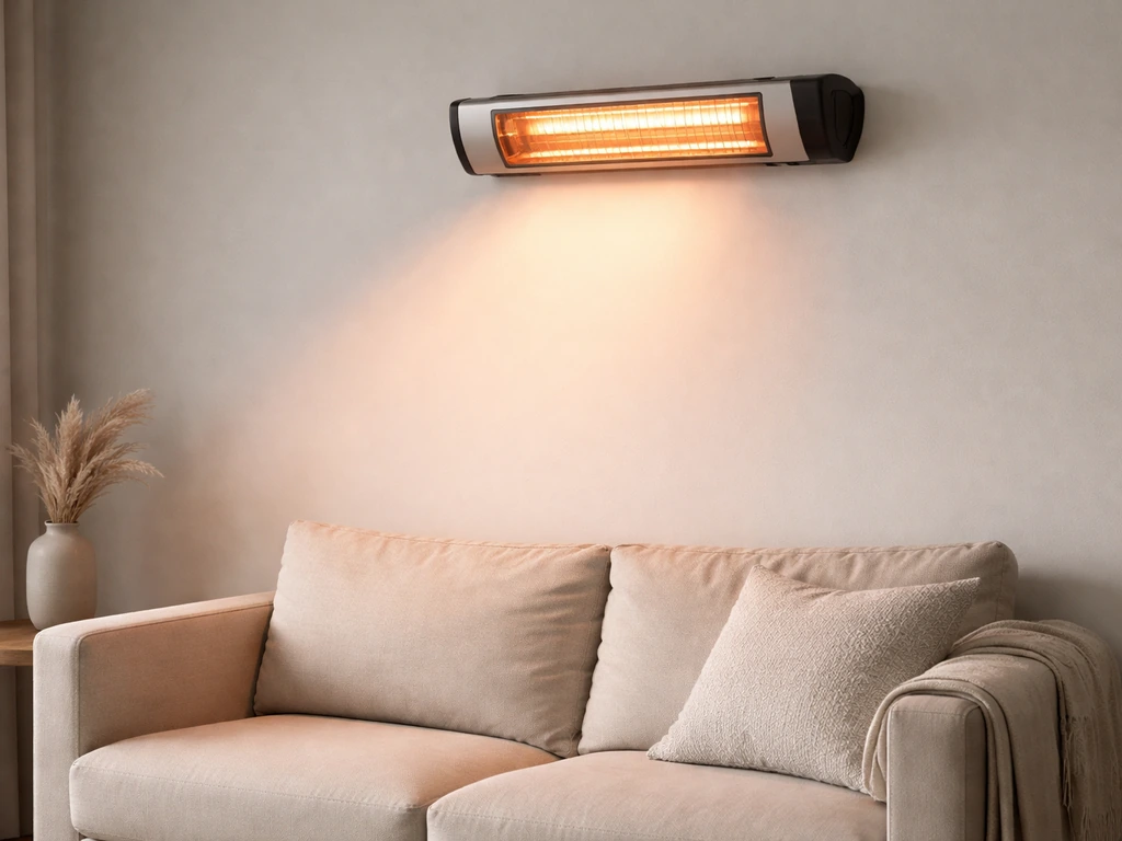 Infrared wall heater mounted and aimed at a sofa seating area with an unobstructed direct line of sight.