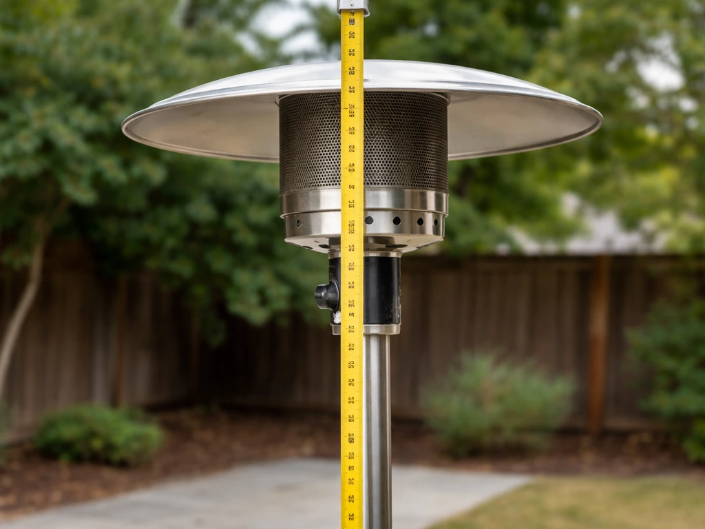 Tape measure held up to measure from ground to the top of a backyard heater’s reflector dome.