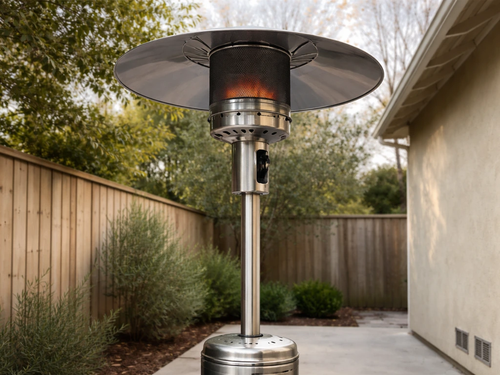 Uncovered outdoor gas patio heater with vents and reflector unobstructed, showing clear airflow space.