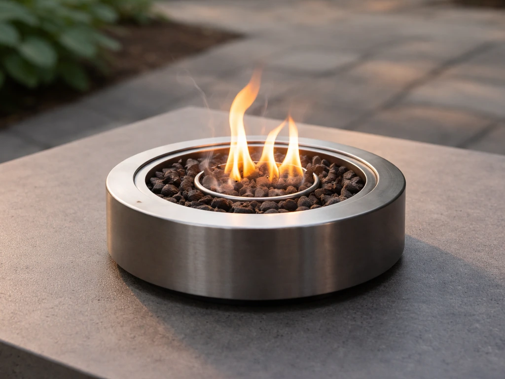 Close-up of a compact tabletop fire pit burner on a patio table with small flames for a cozy, portable look.