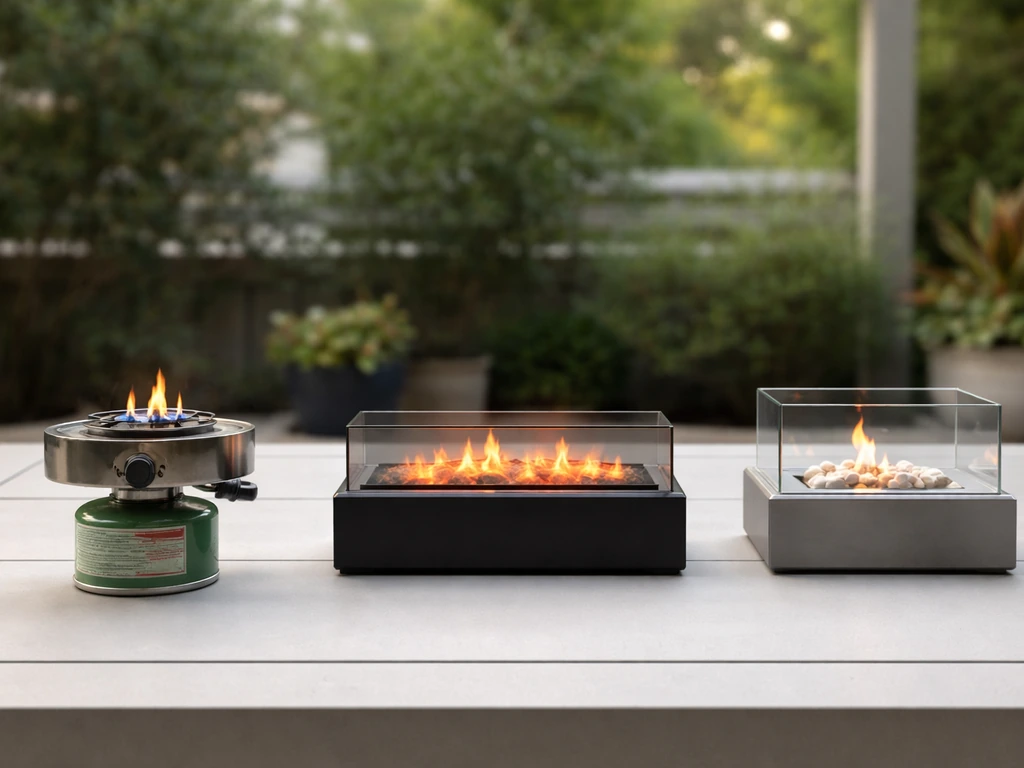 Three fuel-type tabletop fire options side-by-side: propane cylinder with burner, electric flame unit, bio-ethanol burne