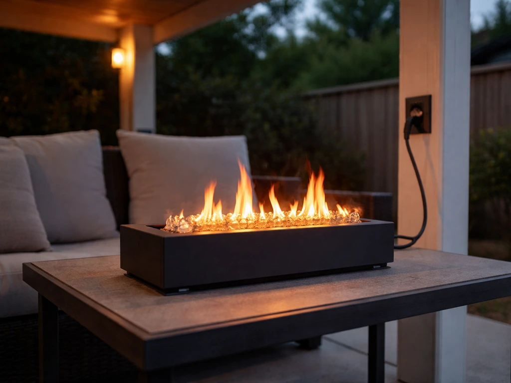 Electric tabletop fire pit under a covered patio with a warm flame-effect glow and visible power cord
