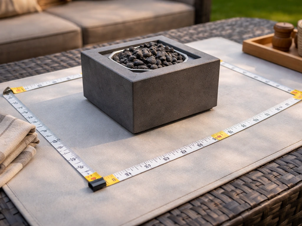 Tabletop propane fire pit on a protected surface with a measuring tape showing safe clearance around it