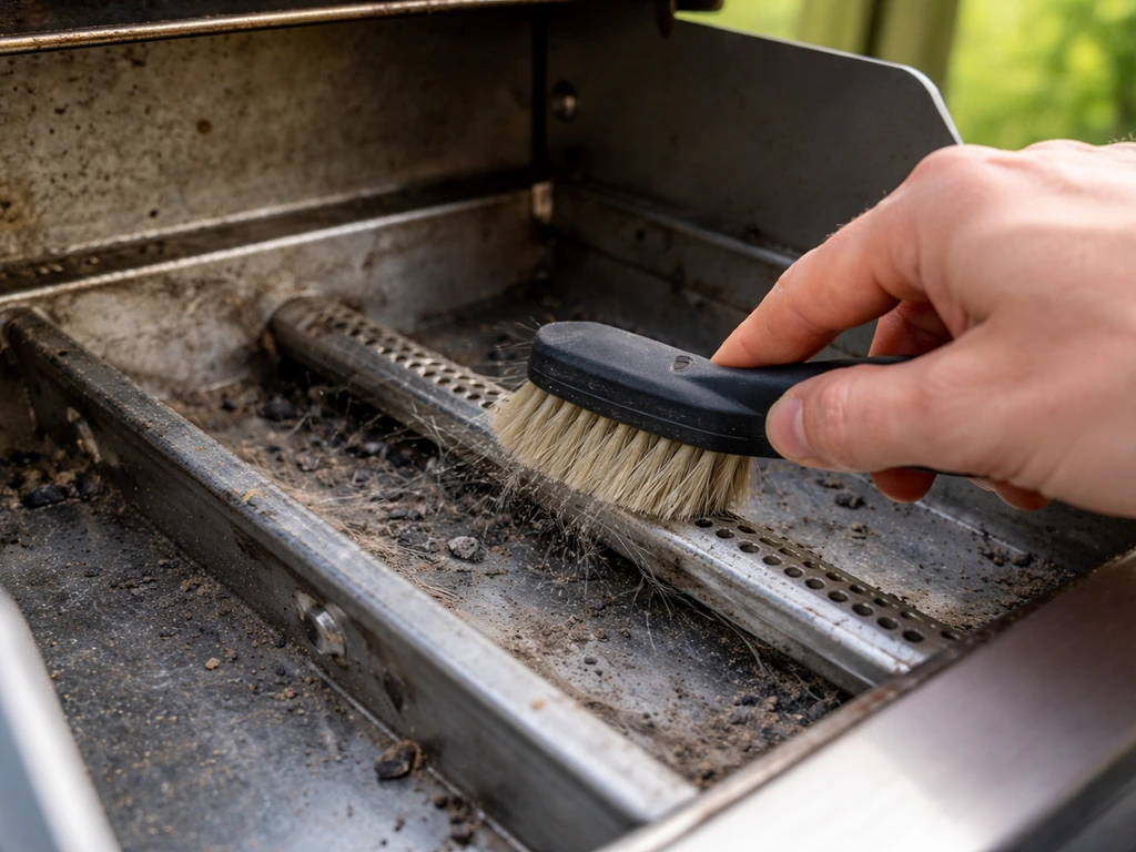 Hand gently brushing a gas grill burner ports, with small debris and spiderwebs near the openings.