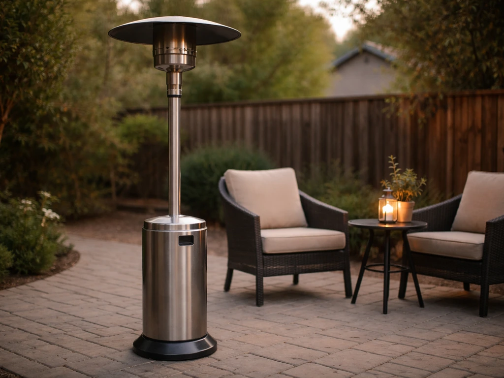 Mushroom-style propane patio heater next to outdoor seating on a calm evening patio.