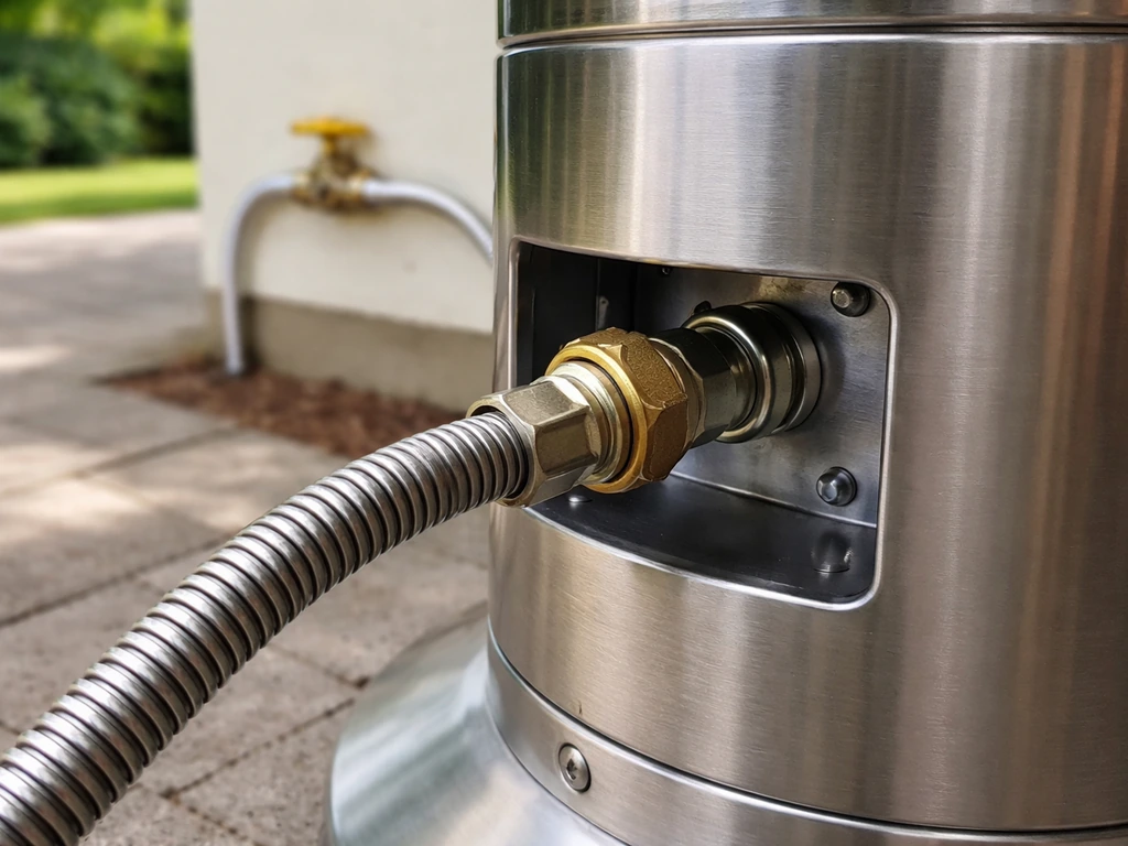 Close-up of an outdoor natural gas patio heater with a hose connected to the gas line.