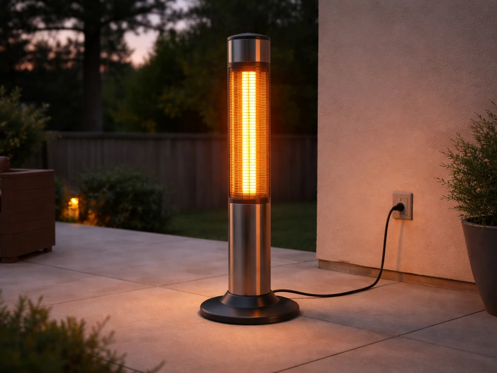 120V electric patio heater glowing warmly on a patio at dusk with a visible plug-in cord