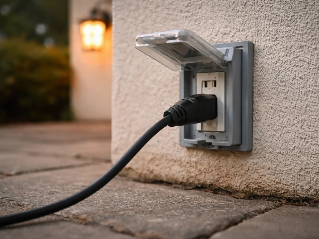 Plug-in 120V patio heater power cord connected to an outdoor wall outlet on a patio.