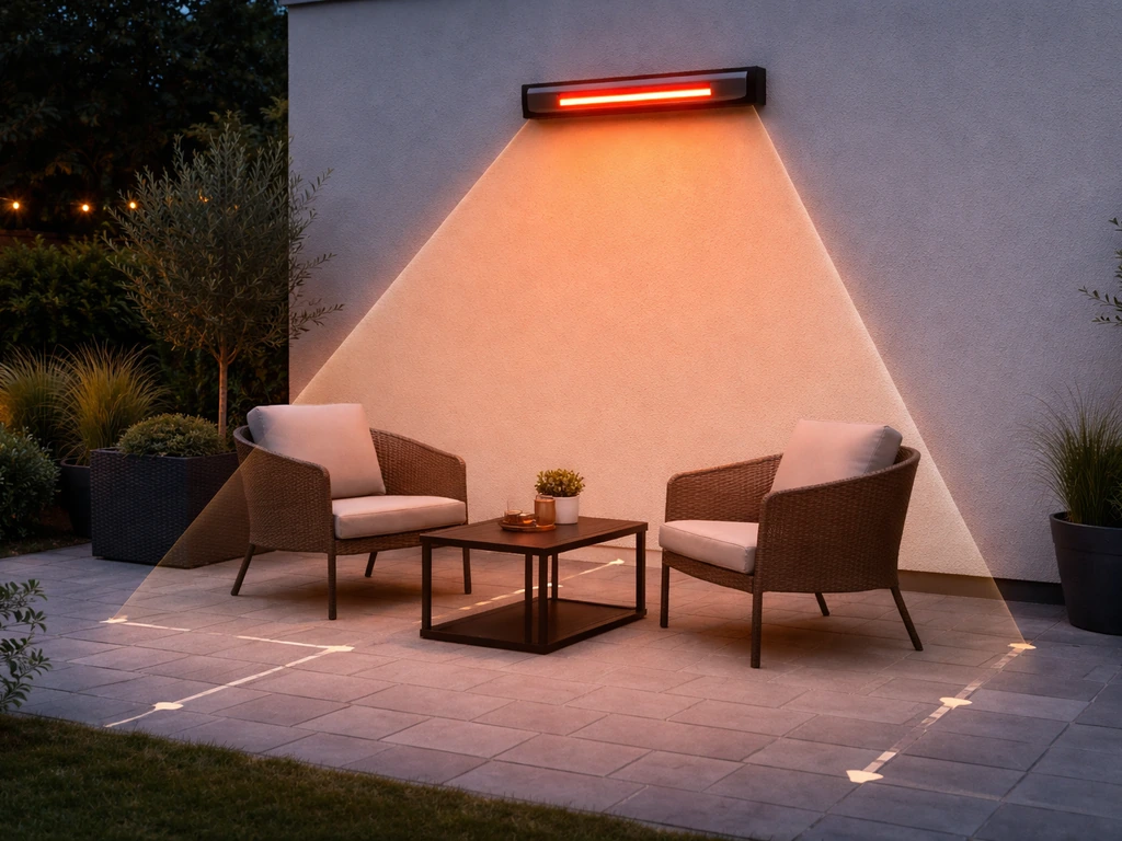 Minimal patio seating arrangement with distance markers and a heater aiming angle for coverage planning