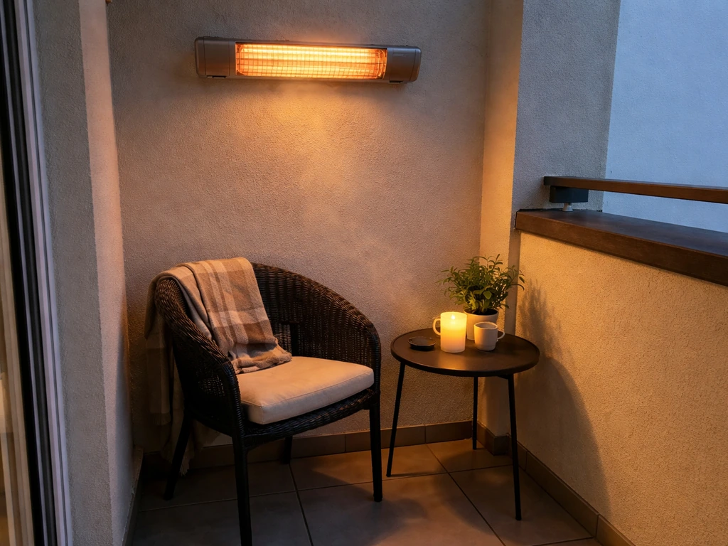 Wall-mounted infrared heater glowing on a small apartment patio, warming a bistro chair at night