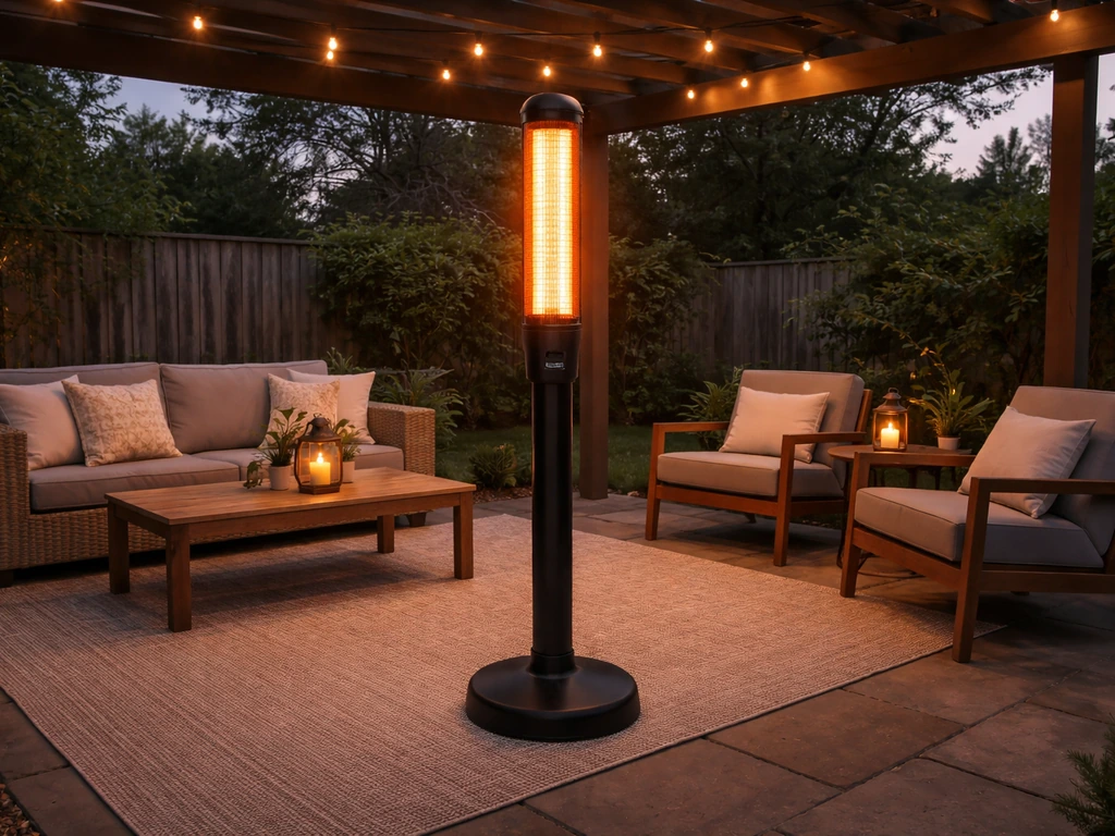 Floor-standing infrared patio heater warming a covered outdoor seating area with two seating zones.