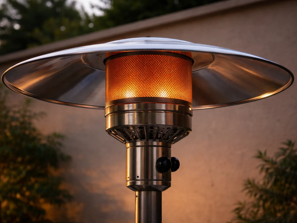 Propane patio heater showing the top reflector shield with clear infrared heat reflection shape