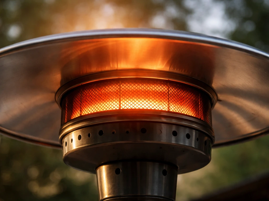 Close-up of an infrared patio heater’s burner and emitter under a curved reflector shield