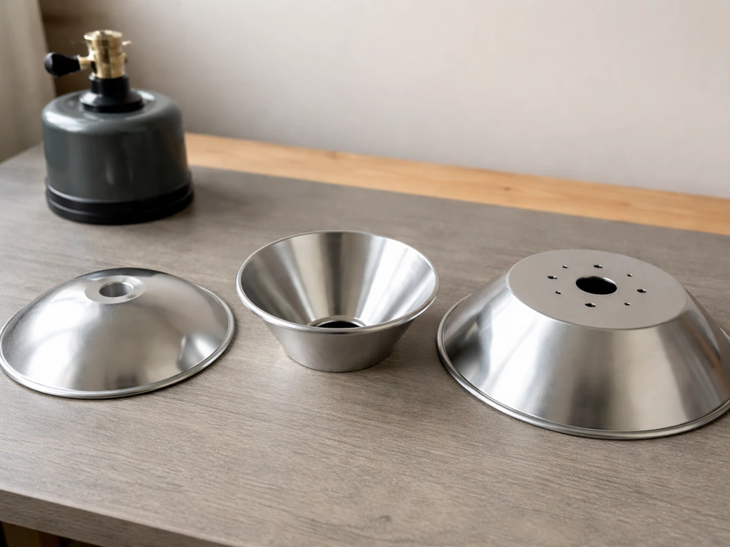 Minimal photo of gas heater and nearby reflector cones/domes showing typical shapes and sizes.