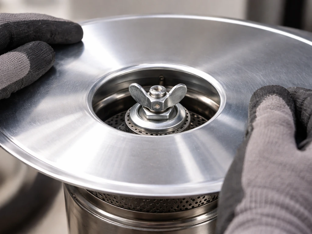 Gloved hands reseating a heater reflector shield with wing-nut and center fastener mounting hardware close-up.