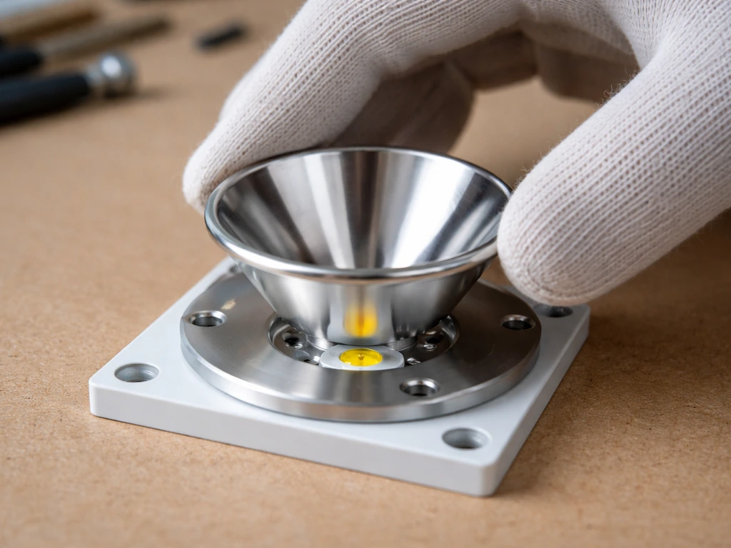 Close-up of a reflector being aligned on an emitter with mounting holes matched before tightening.