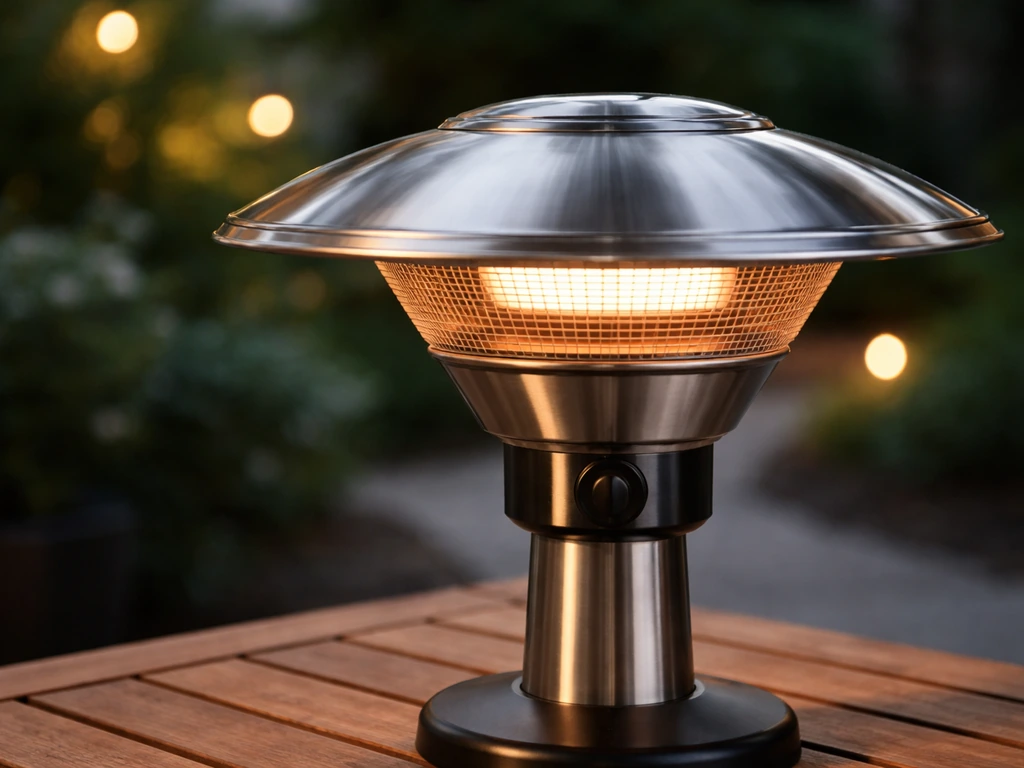 Close-up of a small tabletop infrared patio heater on an outdoor table with the reflector and burner area visible.