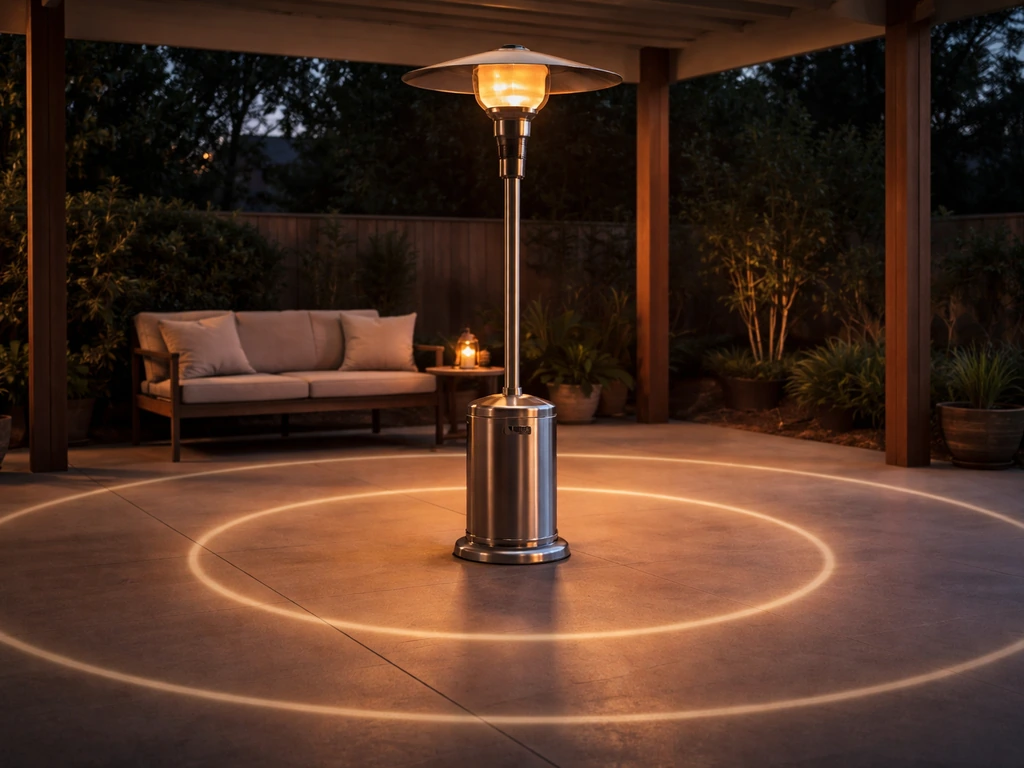 Covered patio seating area with an outdoor heater placed in different spots showing effective coverage zones