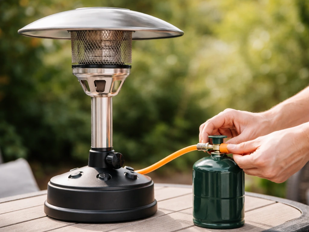 Tabletop gas patio heater connected to a 1‑lb propane canister, valve coupling visible and ready to use.