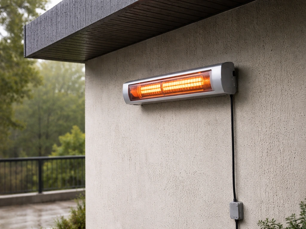 Weatherproof Herschel California 2000R infrared patio heater mounted under an outdoor cover