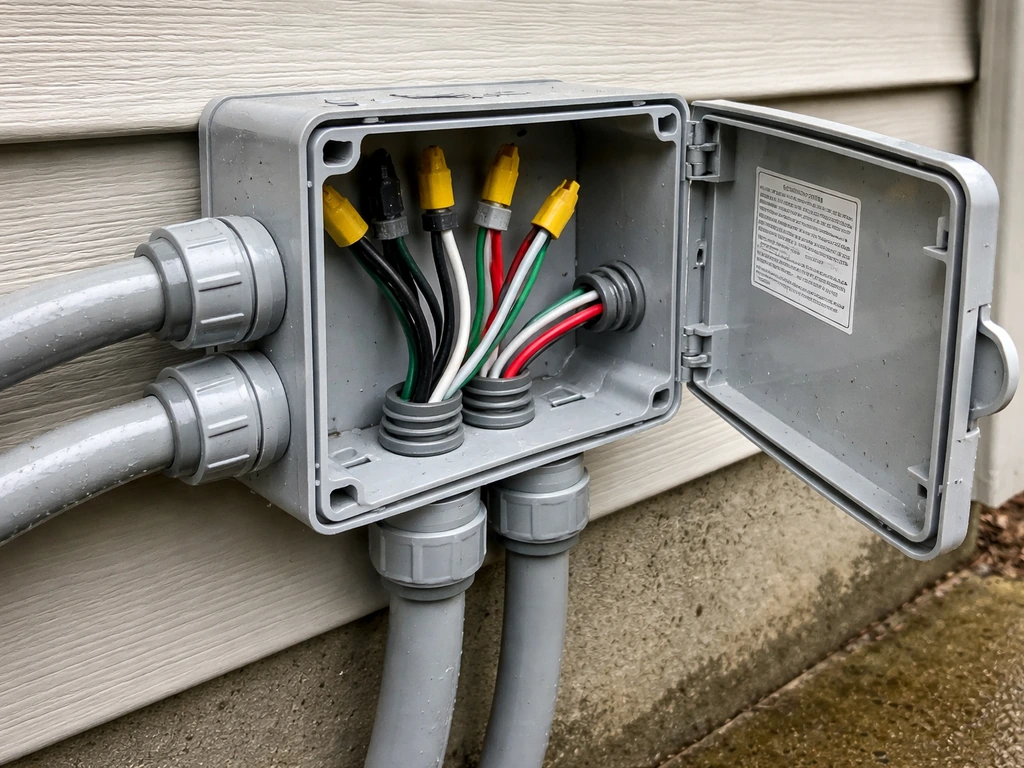 Close-up of weatherproof outdoor electrical junction box with conduit and wiring in a realistic installation.