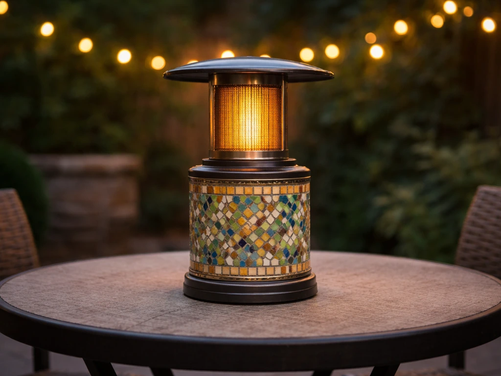 Mosaic-style table top patio heater glowing on a bistro table outdoors, warm compact outdoor ambiance.