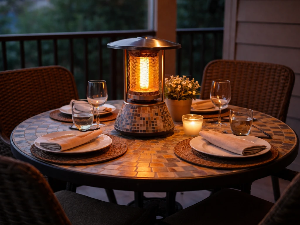 Cozy covered patio bistro table for four with a mosaic table-top heater warming the small seating area.