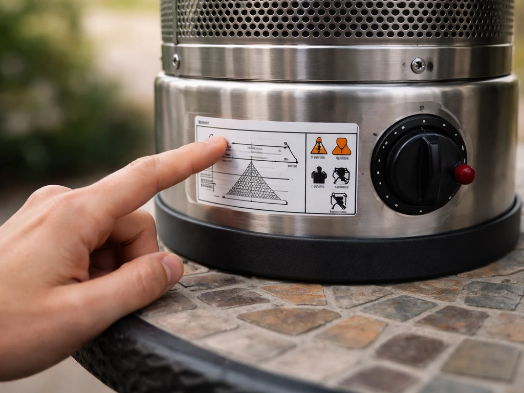 Close-up of a patio heater’s BTU/coverage label and safety features on a mosaic table