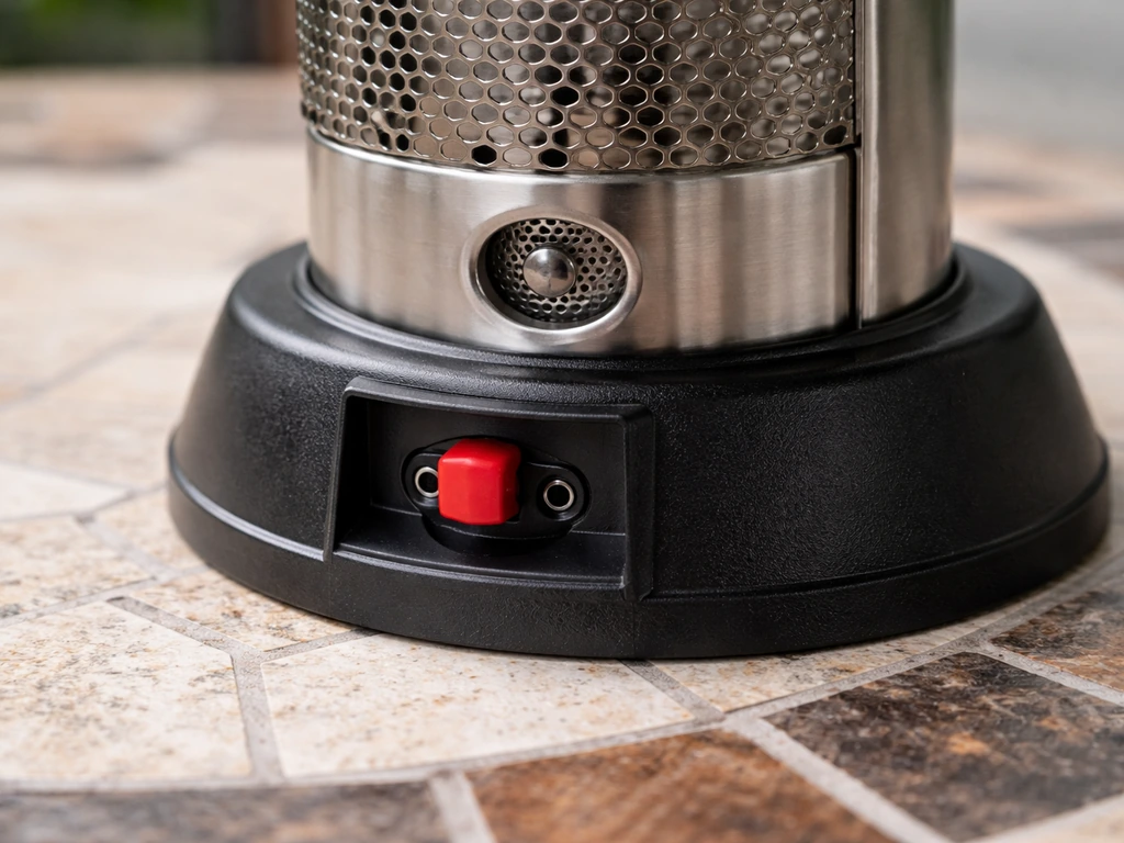 Close-up of a propane mosaic tabletop heater base showing tip-over shutoff and oxygen depletion sensor area.