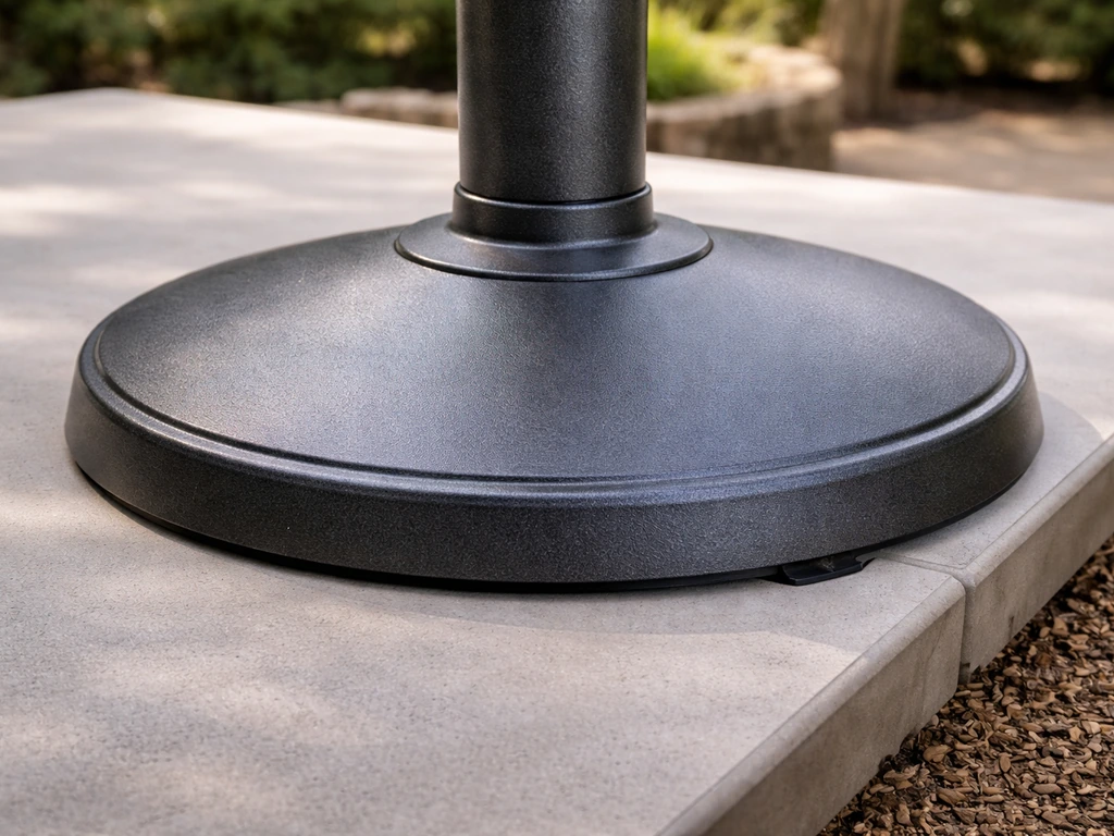 Wide flat base of a patio heater resting stably on a table surface