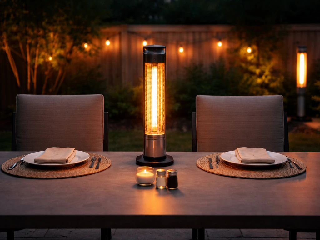 Patio table with an outdoor heater centered for even glow, contrasting off-center warmth to one side.