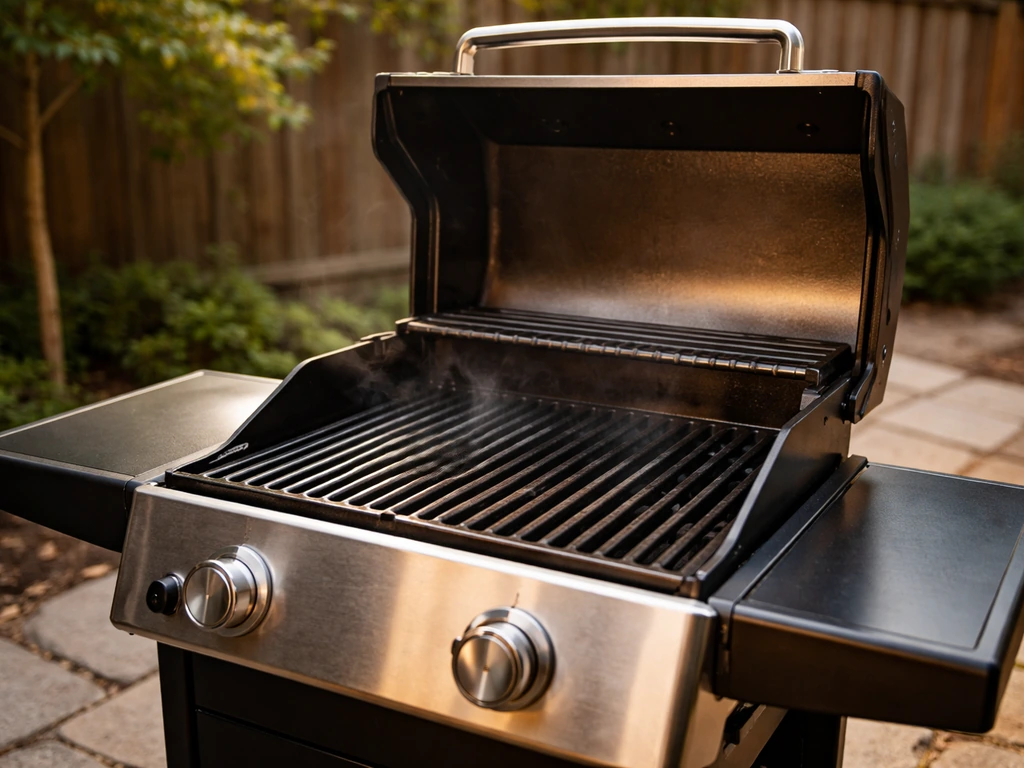 Close-up of a compact patio grill with open lid and visible grates on a small backyard patio