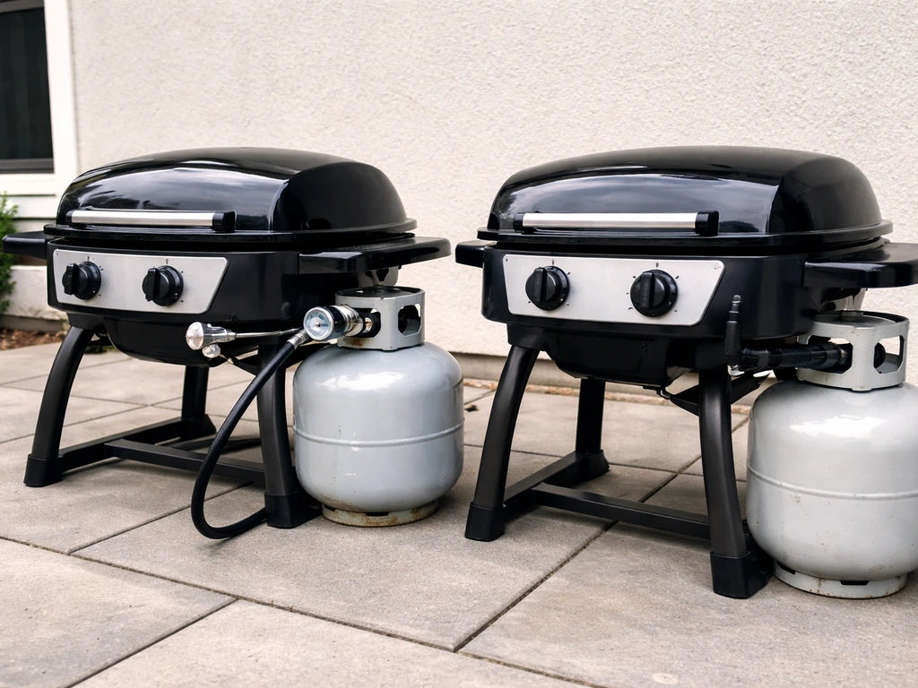 Two compact propane patio grills side by side with visible hose, regulator, and controls.