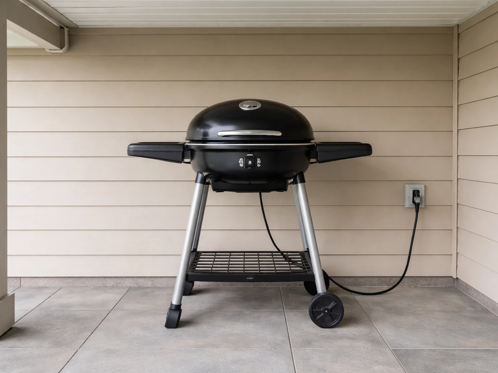 Electric patio grill under a covered awning with a visible cord connection, no flames.