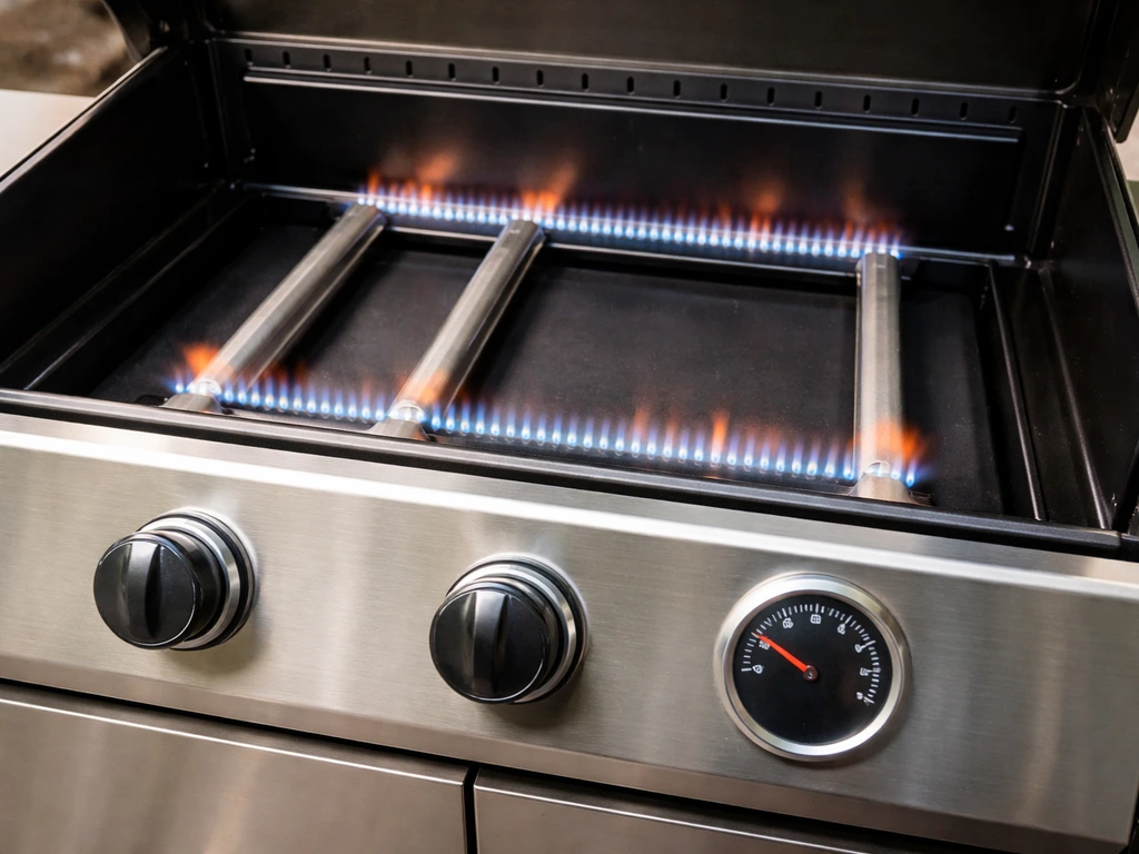 Close-up of a patio grill’s burners, control knobs, and heat indicator showing heat control components.