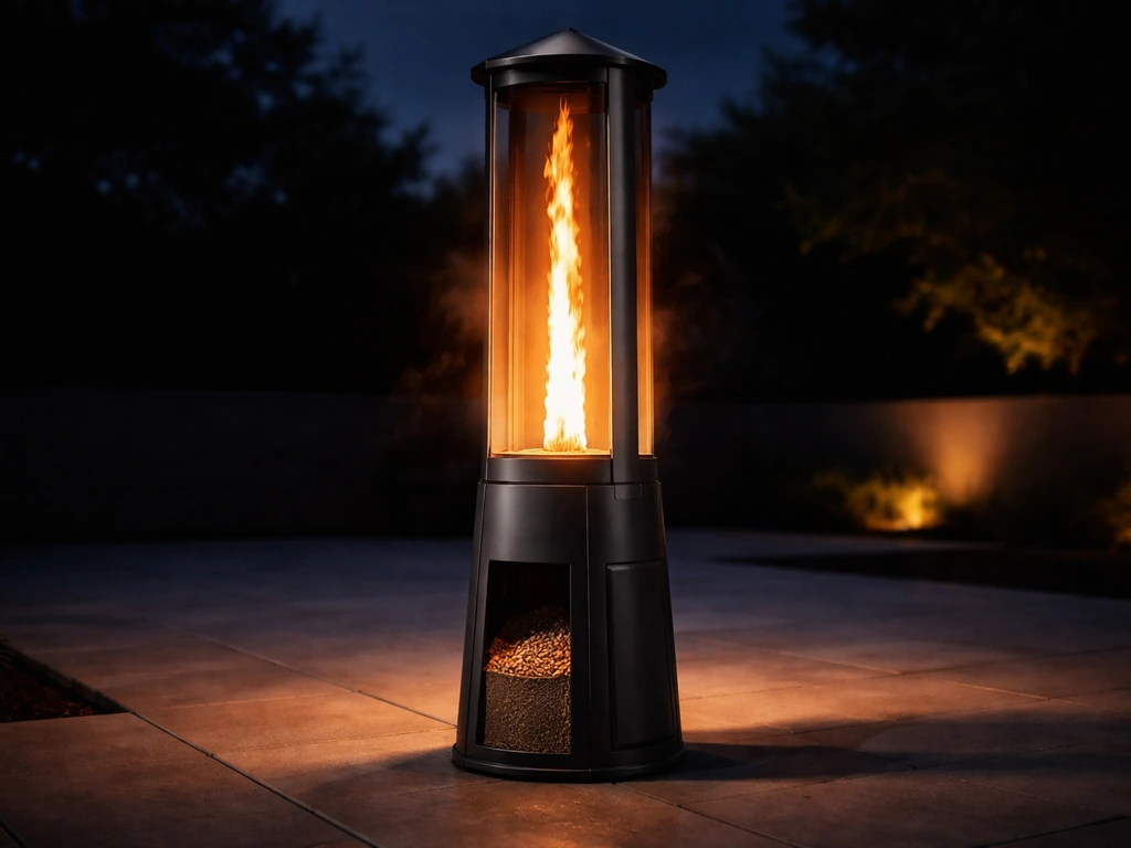 Firestorm-style patio heater with a bright flame column on a quiet outdoor patio at night