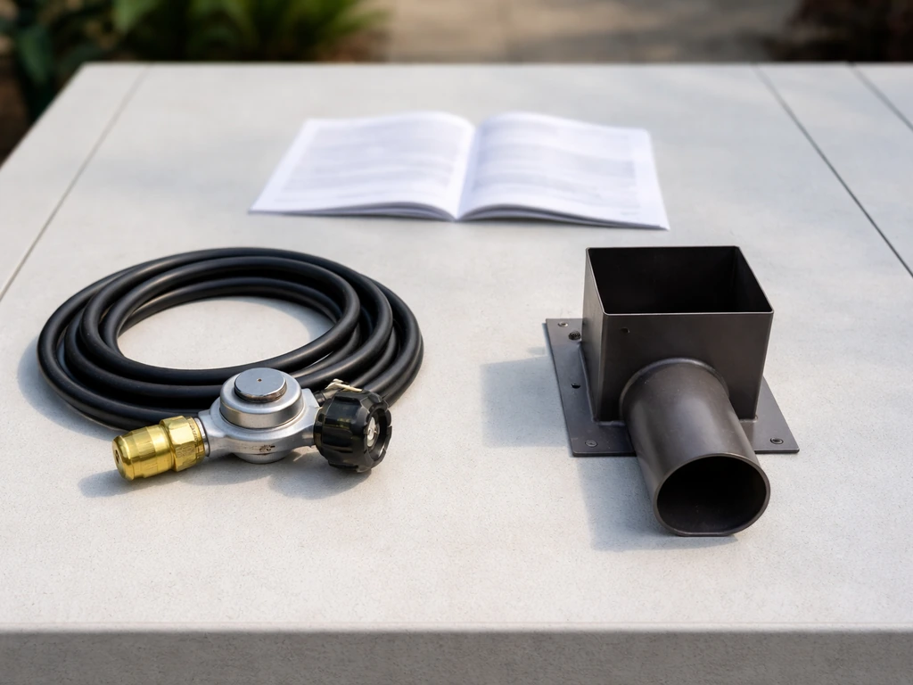 Two patio heater fuel components—propane regulator and pellet feeder parts—laid on a table to clarify naming.