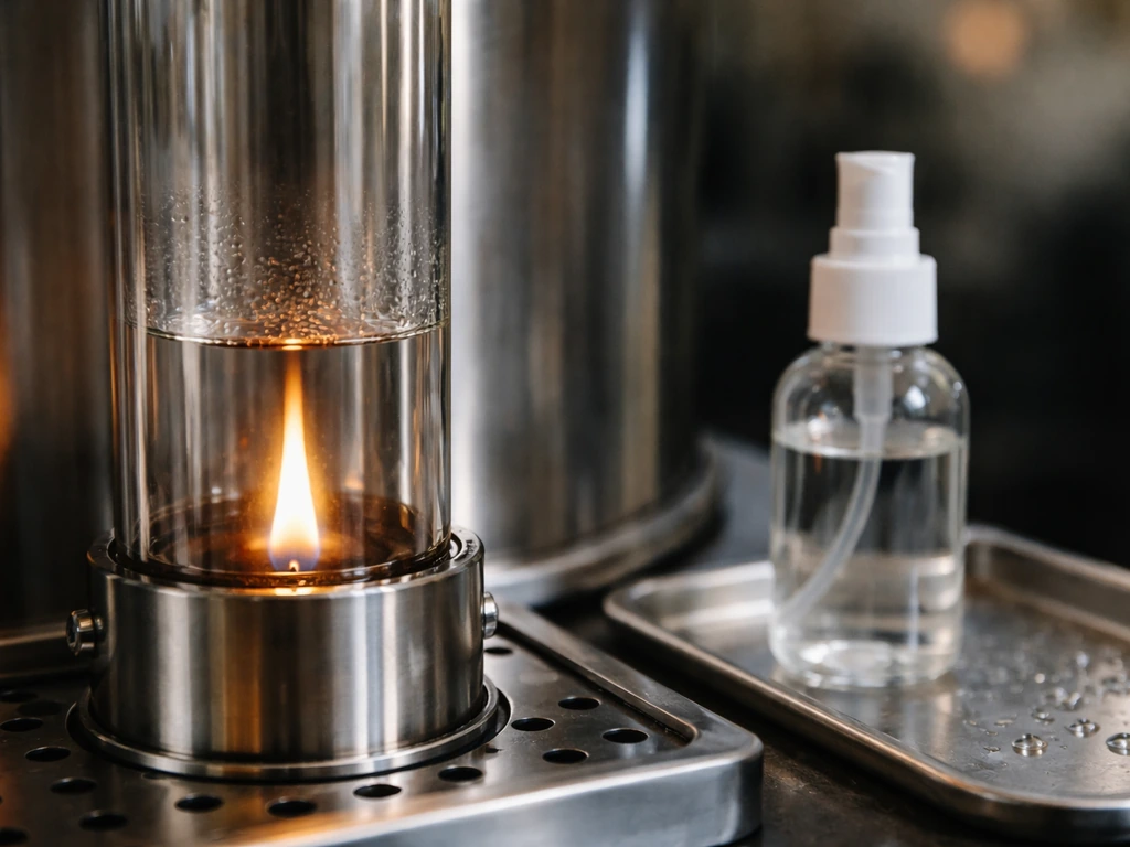Close-up of a borosilicate glass flame tube with visible safety caution cue about not spraying water on hot glass.
