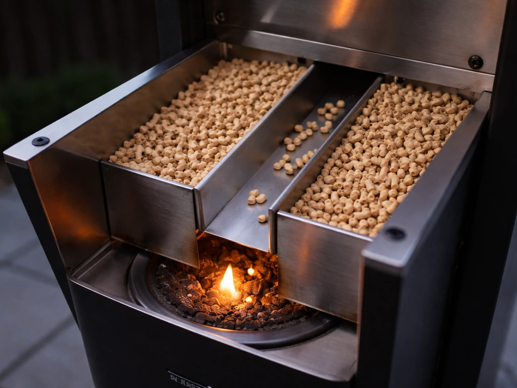 Close-up of a patio pellet heater’s hopper with ENplus A1 pellets ready to feed and ignite