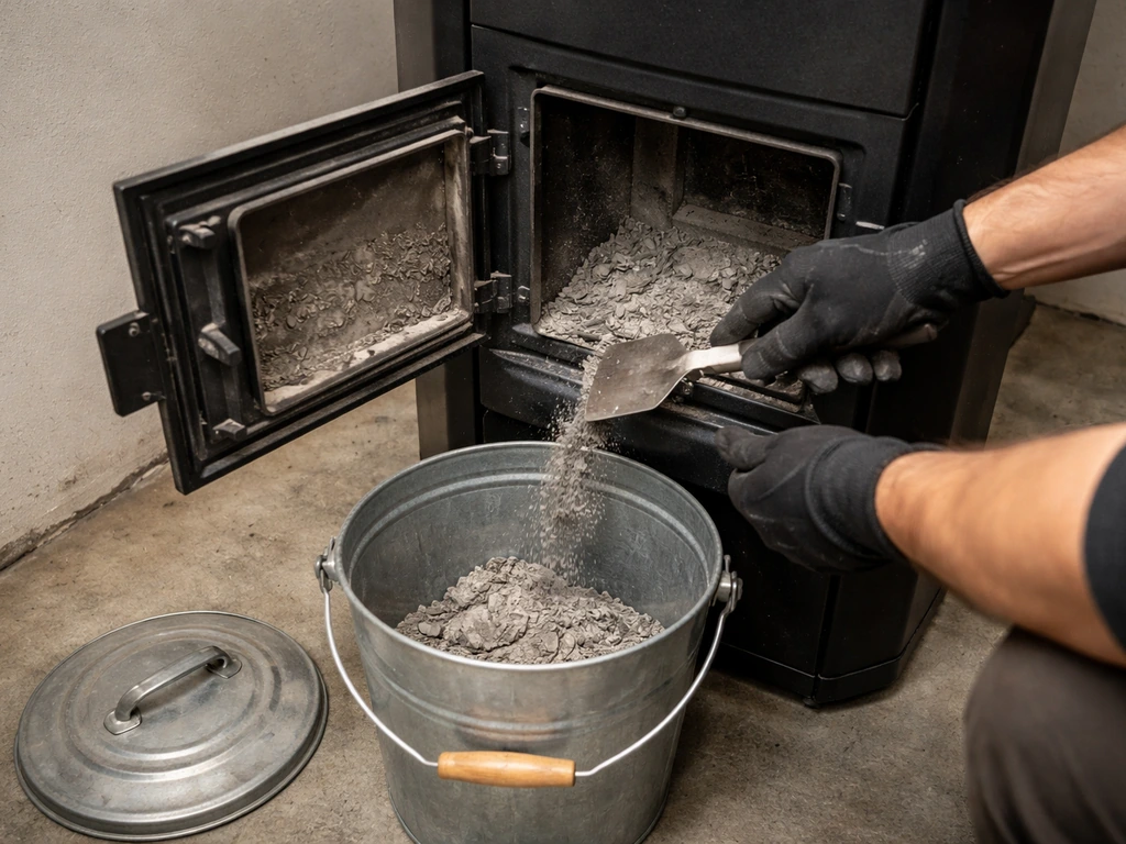 Person scraping cooled ash from a pellet stove firebox into a metal ash container, simple maintenance scene