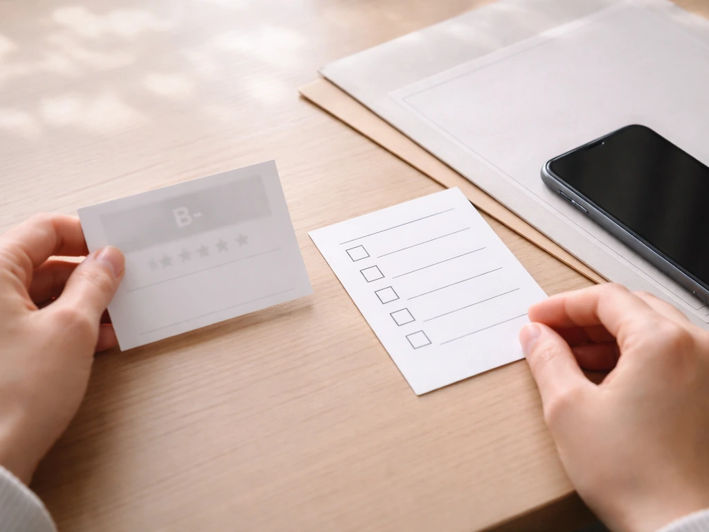 Hands arrange a blank buying-safety checklist and permit documents on a table for verification checks.