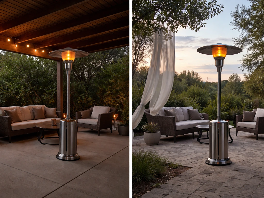 Split view of two outdoor patios: covered area with a running heater and an open windy patio with one on