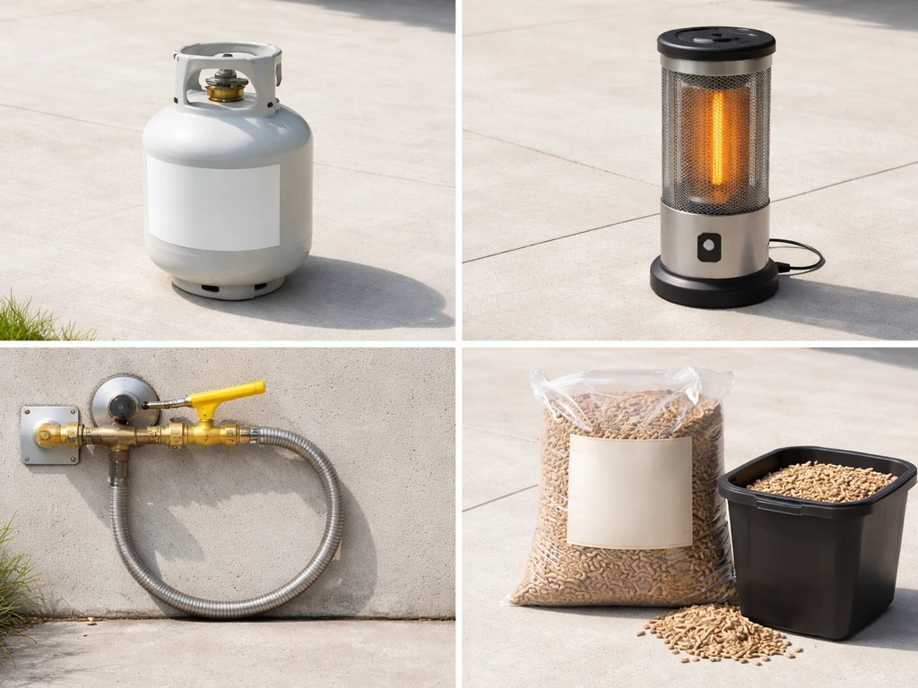 Four fuel options side-by-side: propane tank, electric heater, natural gas connection, and pellet container.