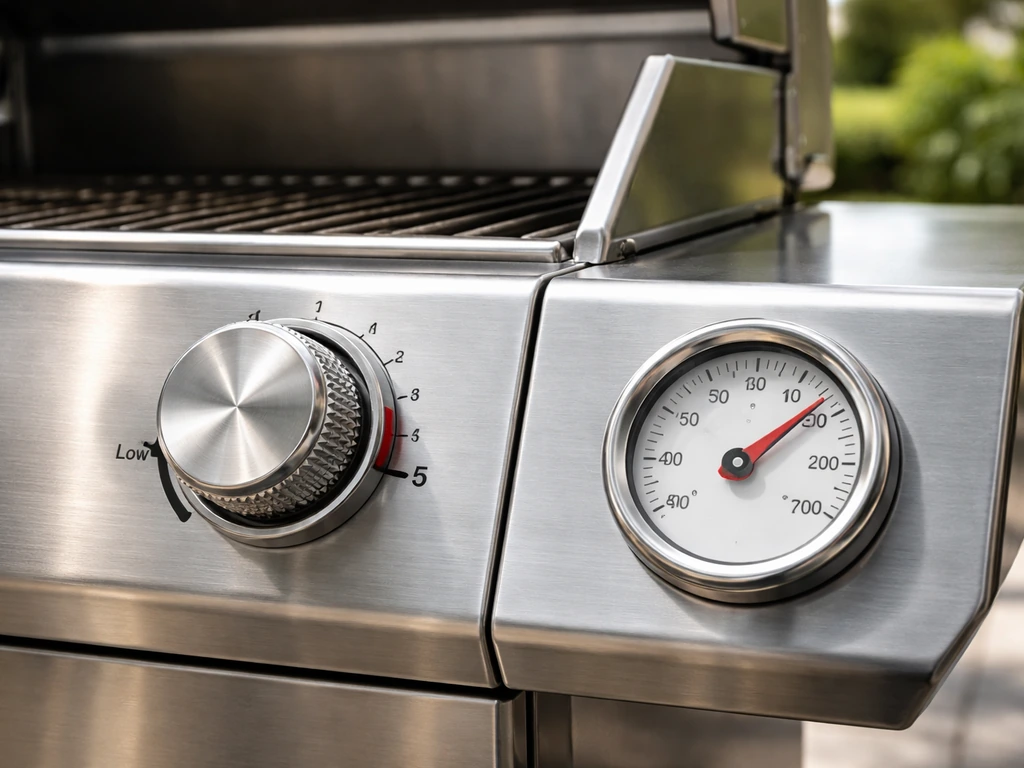 Close-up of a grill’s temperature dial and lid-mounted gauge with needle visible.