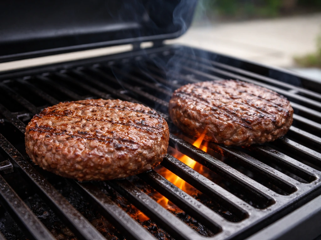 Close-up of burgers searing on a small patio grill grates after preheating, visible browned edges