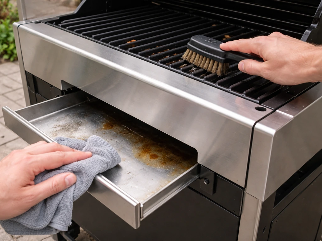 Grease tray pulled out and microfiber wiping, with a brush cleaning porcelain grill grates.